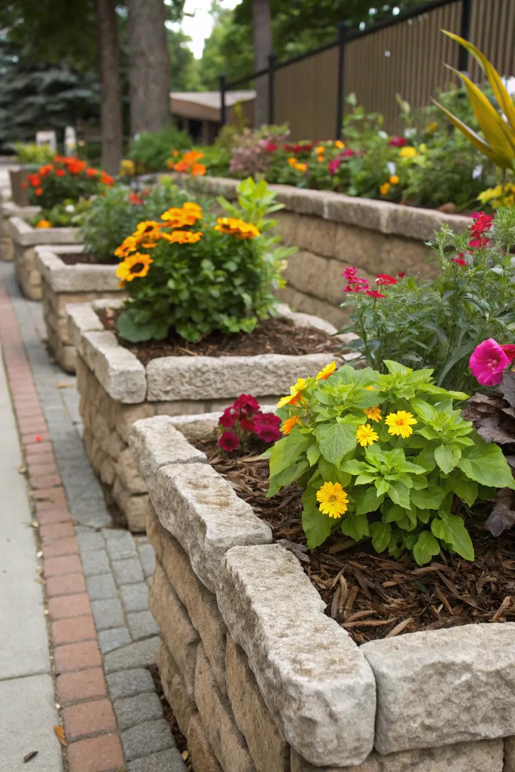 Add height and interest with elevated stone planters.