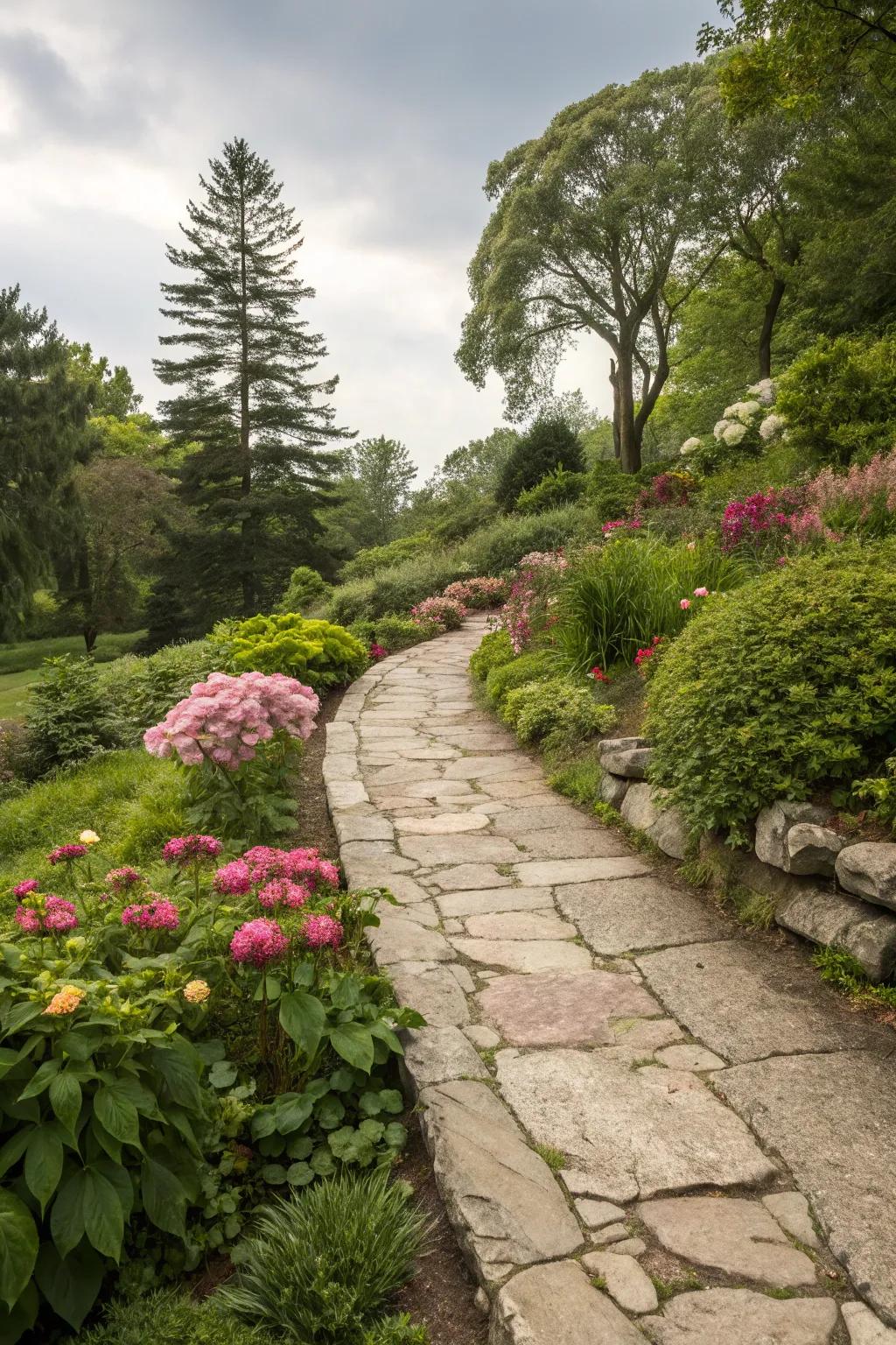 Natural stone borders elegantly frame your garden path.