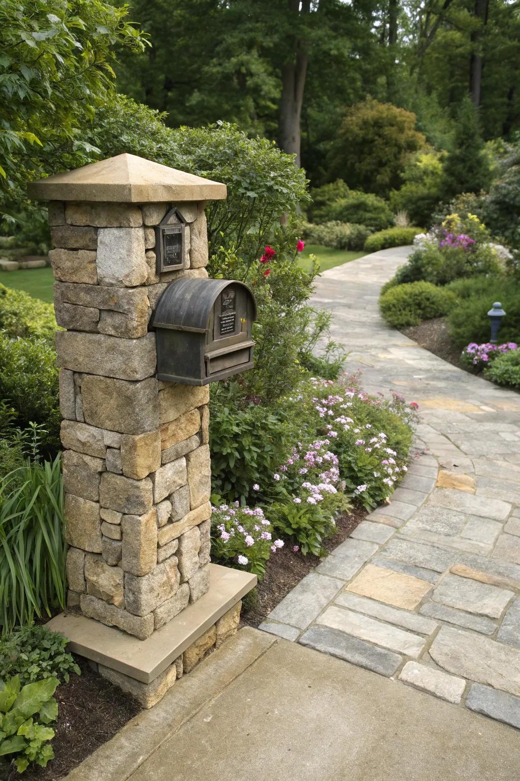 A stone mailbox pillar seamlessly blending with landscape elements.