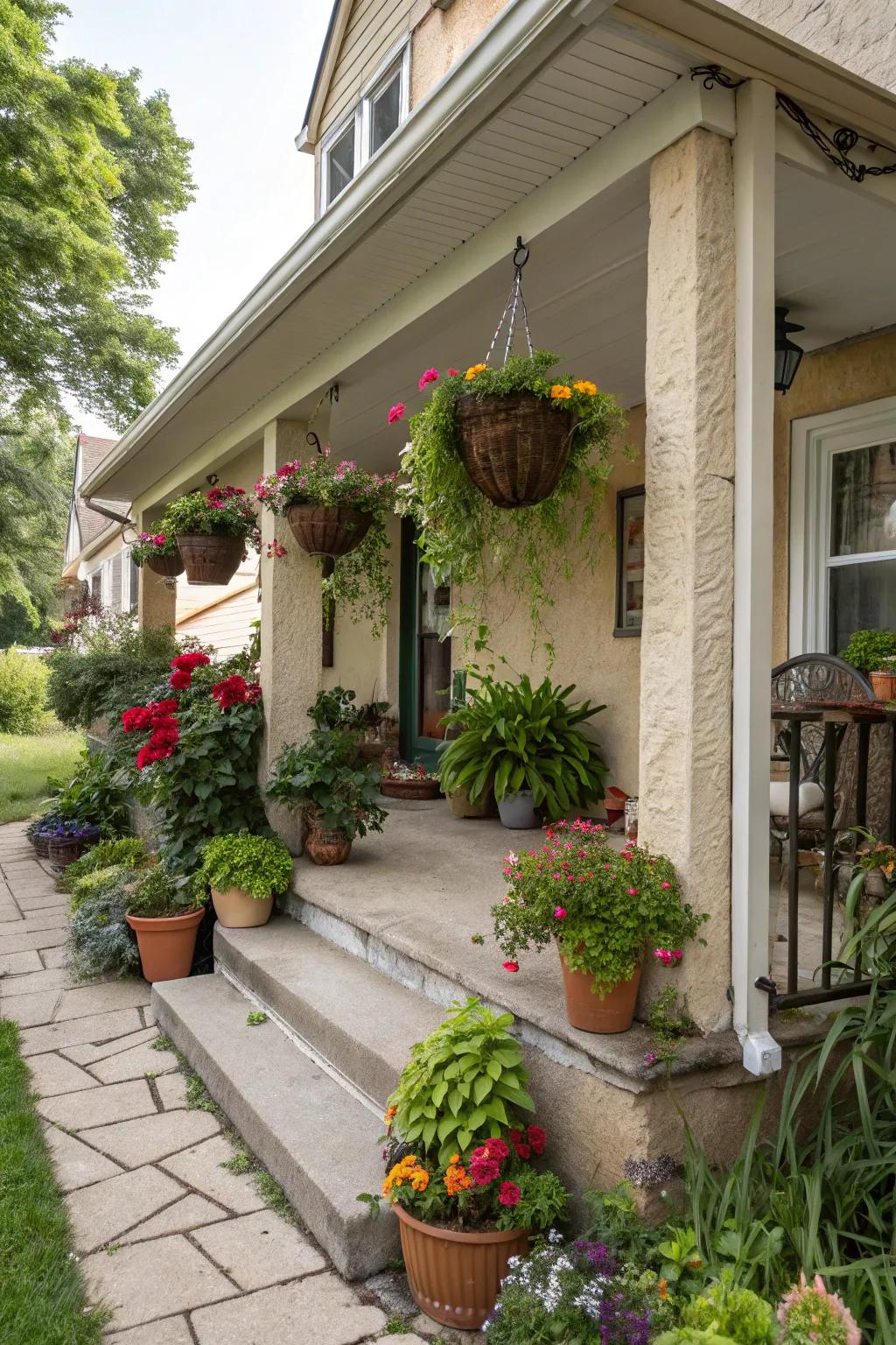 A mini garden oasis on the stucco porch creates a lush retreat.