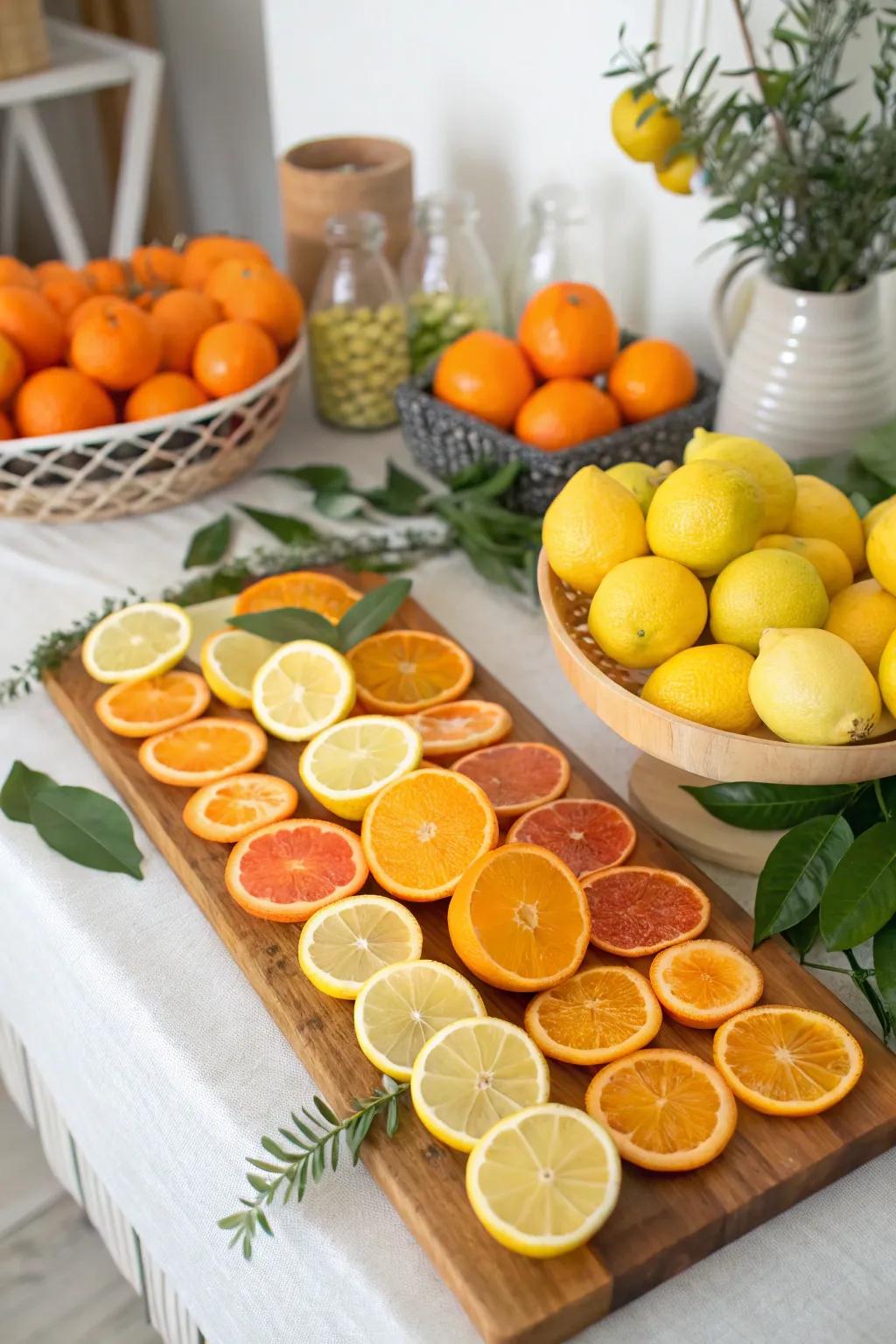 A revitalizing citrus-themed board with oranges and lemons.