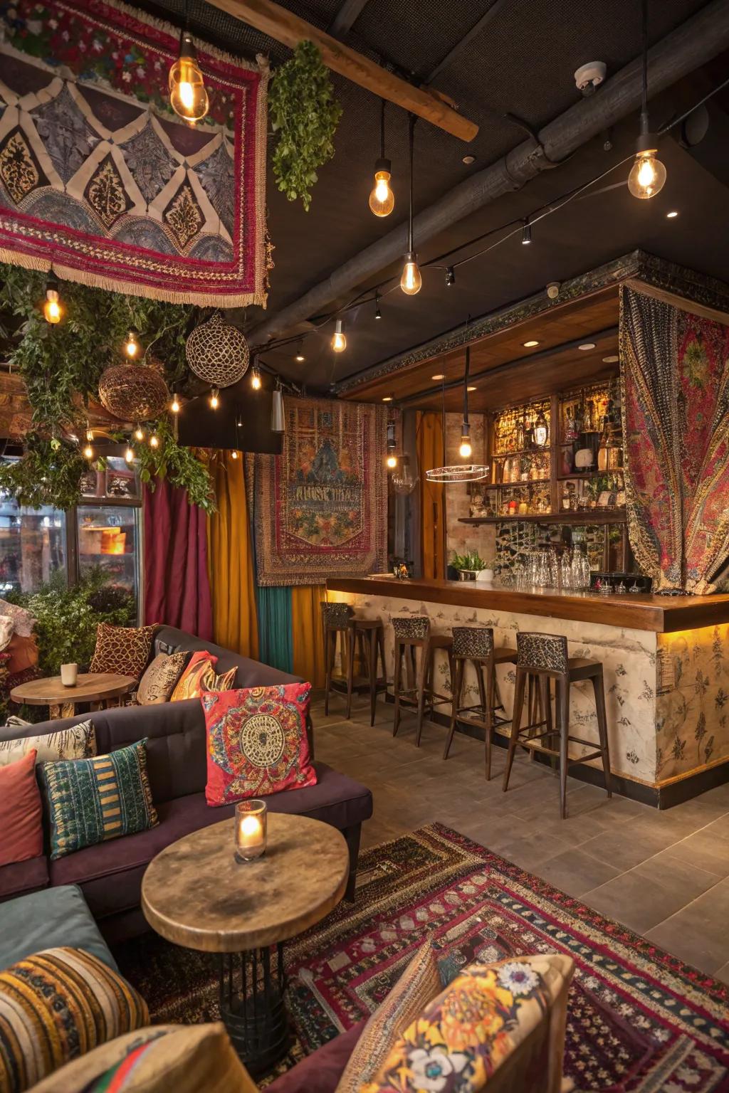 A bohemian brews lounge filled with eclectic textiles and vibrant decor.