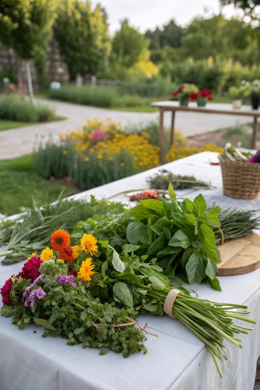 A table adorned with fresh herbs and garden flowers.