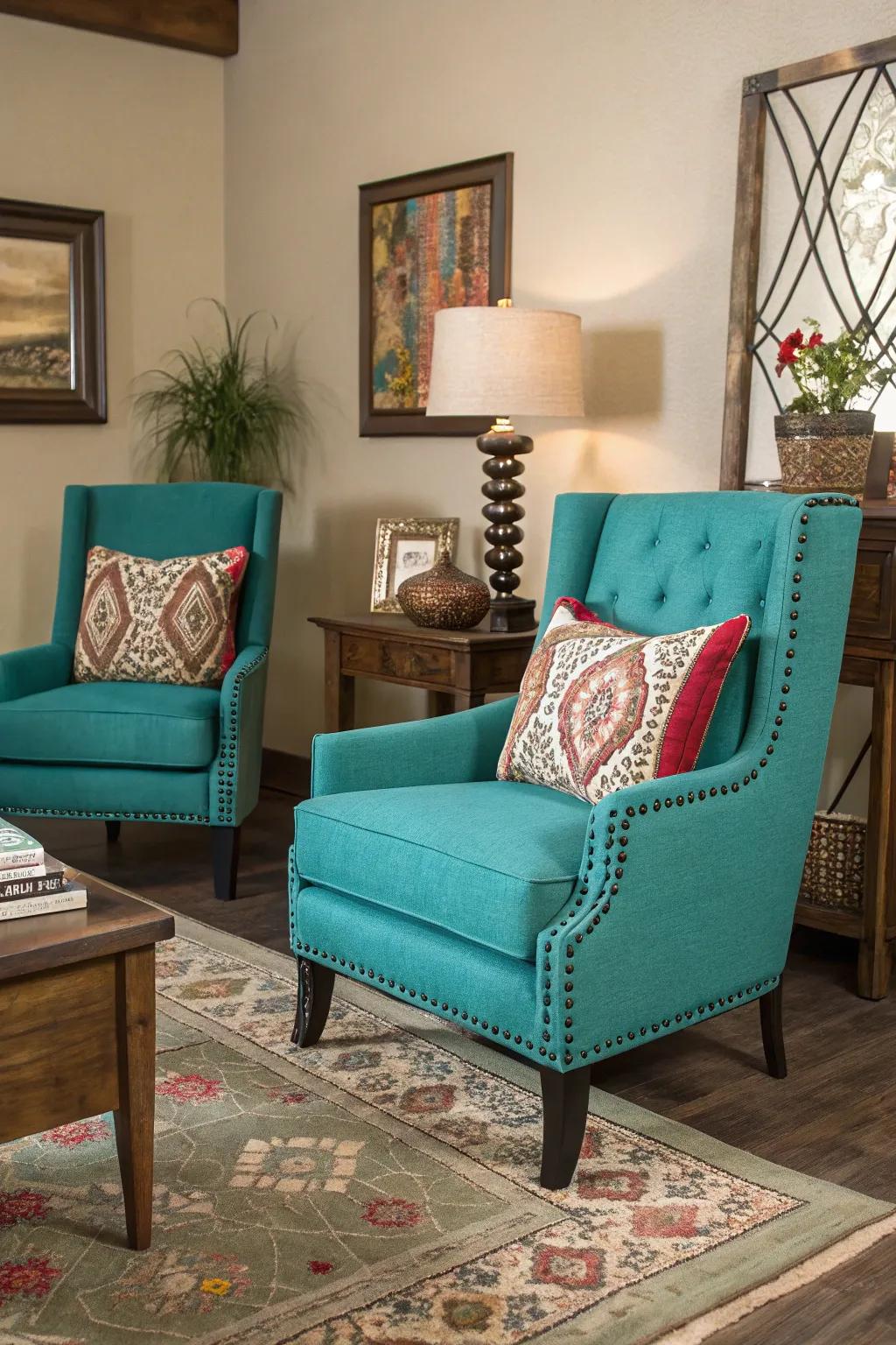 Turquoise accent chairs provide a vibrant yet subtle pop of color.