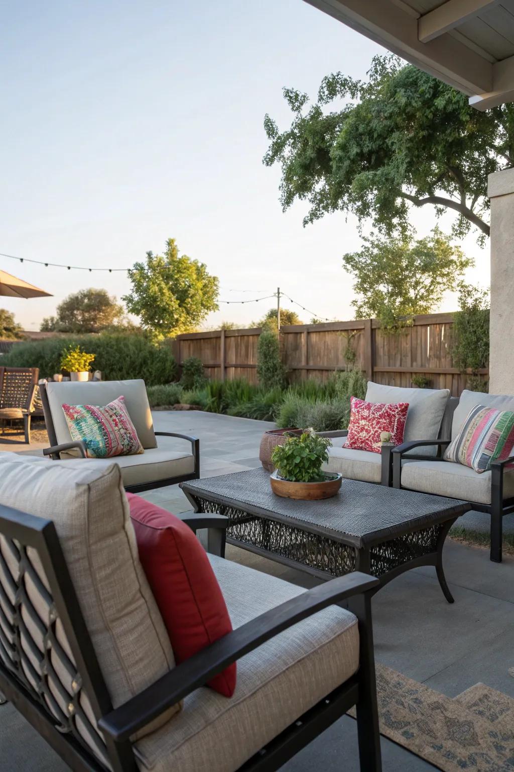 Outdoor comfort with stylish weather-resistant pillows on a patio.