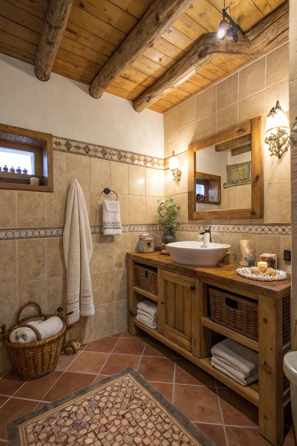 Create a warm atmosphere with rustic charm tiles.