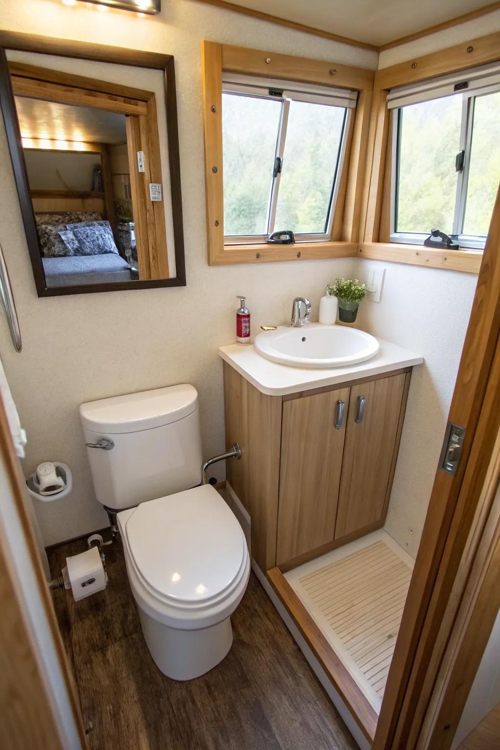 Eco-friendly water-saving toilet in a sustainable tiny bathroom