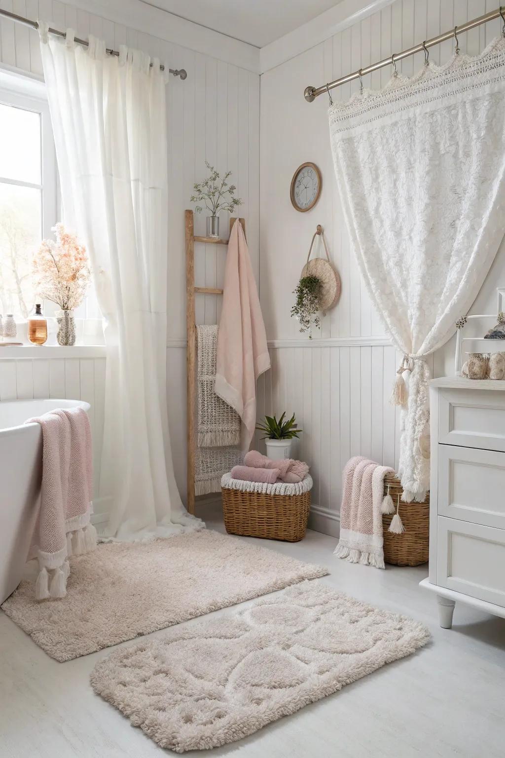 A white bathroom layered with soft textiles for added warmth and comfort.