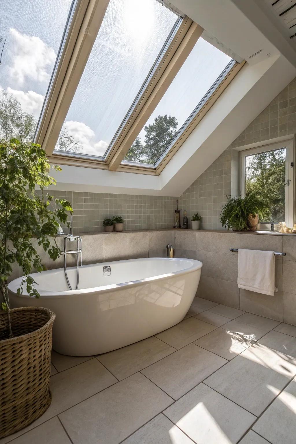 Skylights above the tub bring in natural light and a touch of nature.