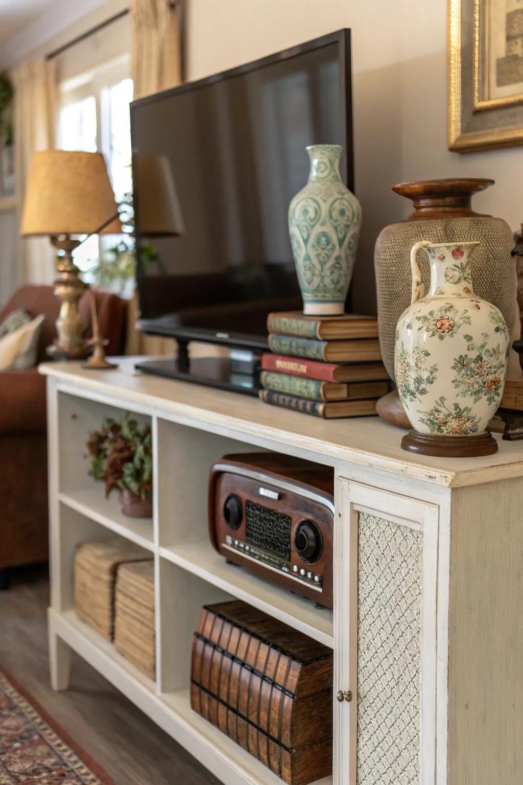 Vintage finds adding charm to a TV console.