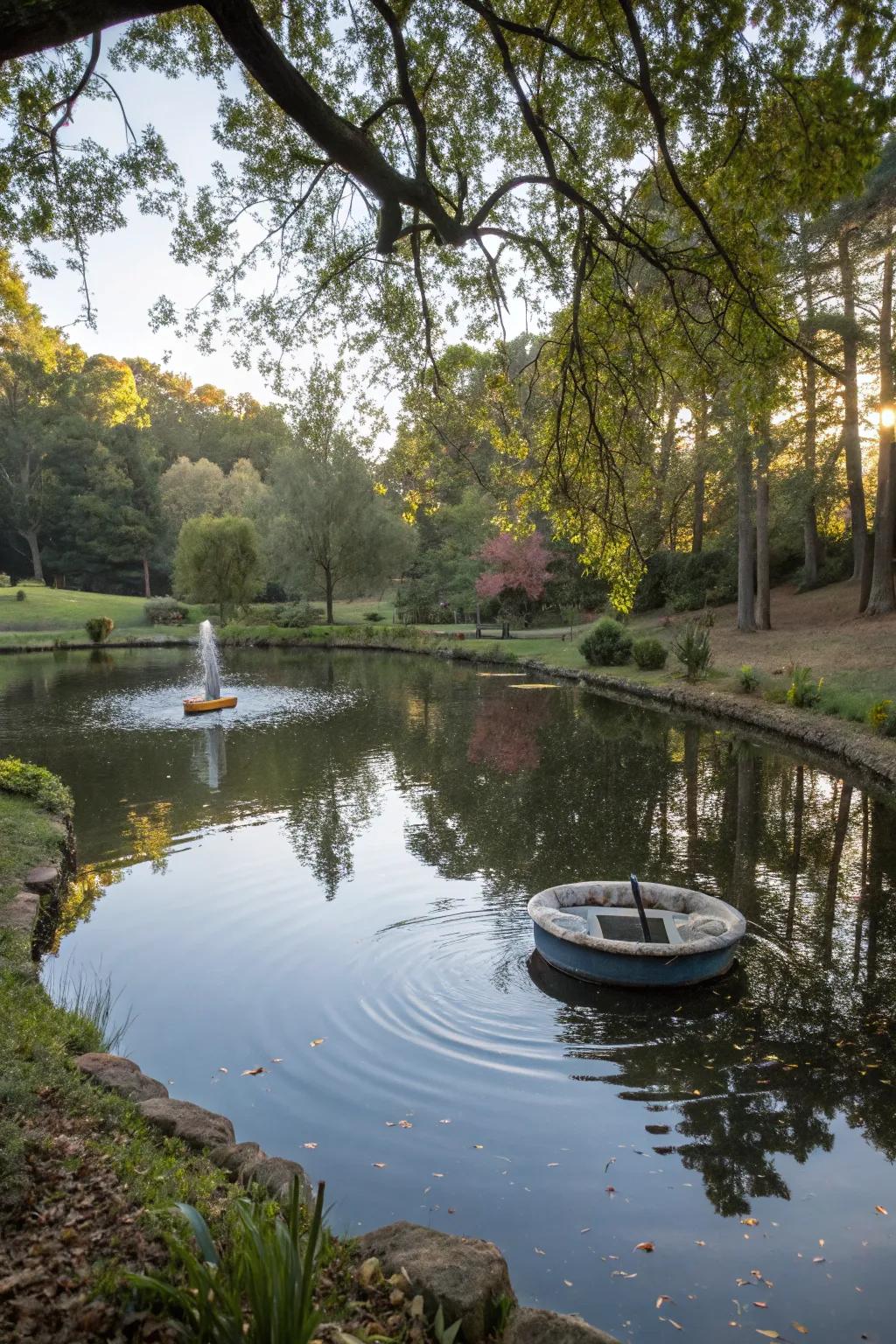 Floating water elements add quirkiness to pond surfaces.