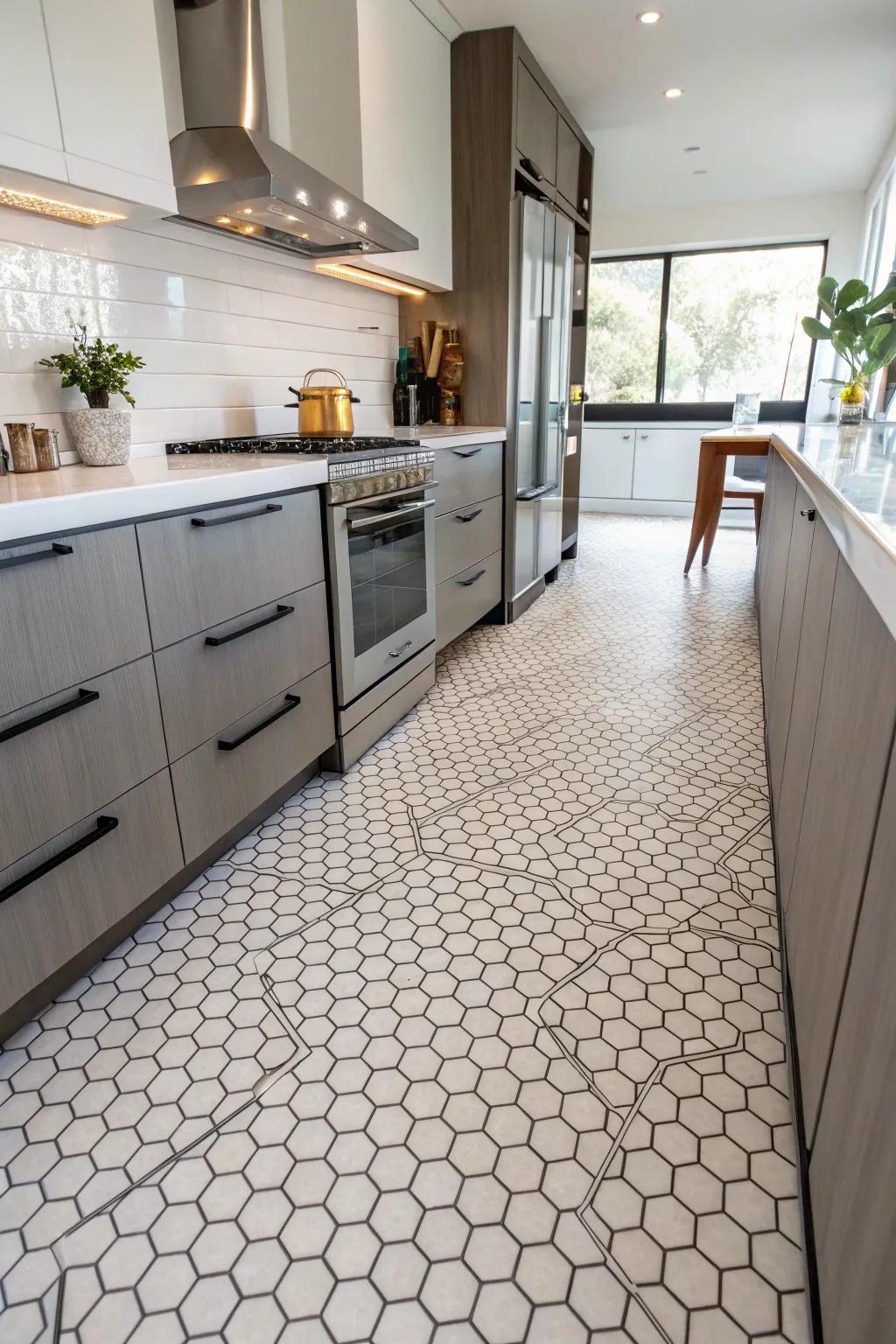 Stay on trend with hexagon pattern vinyl flooring.