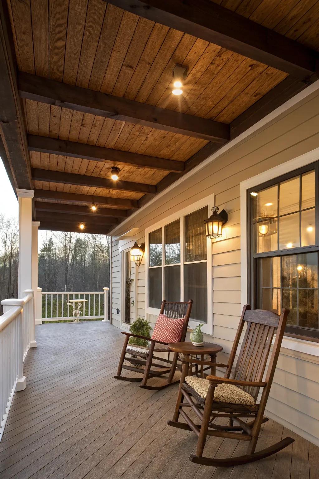 Artificial beams on vinyl ceilings enhance warmth easily.