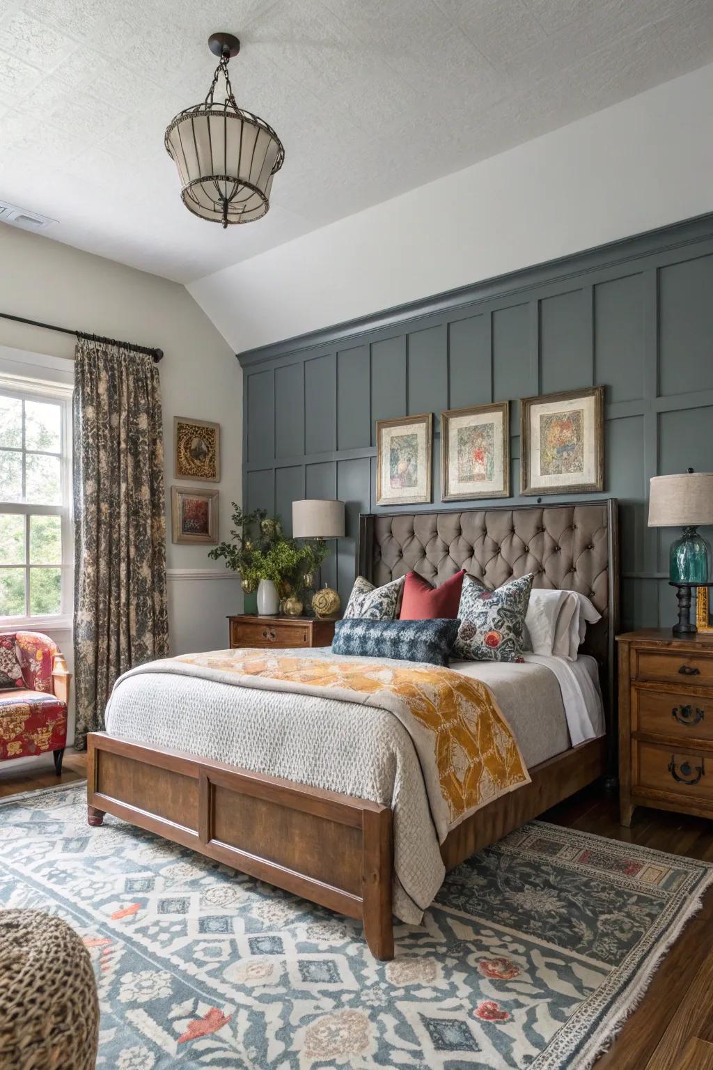 An eclectic mix of styles with wainscoting creates a unique and personal space.