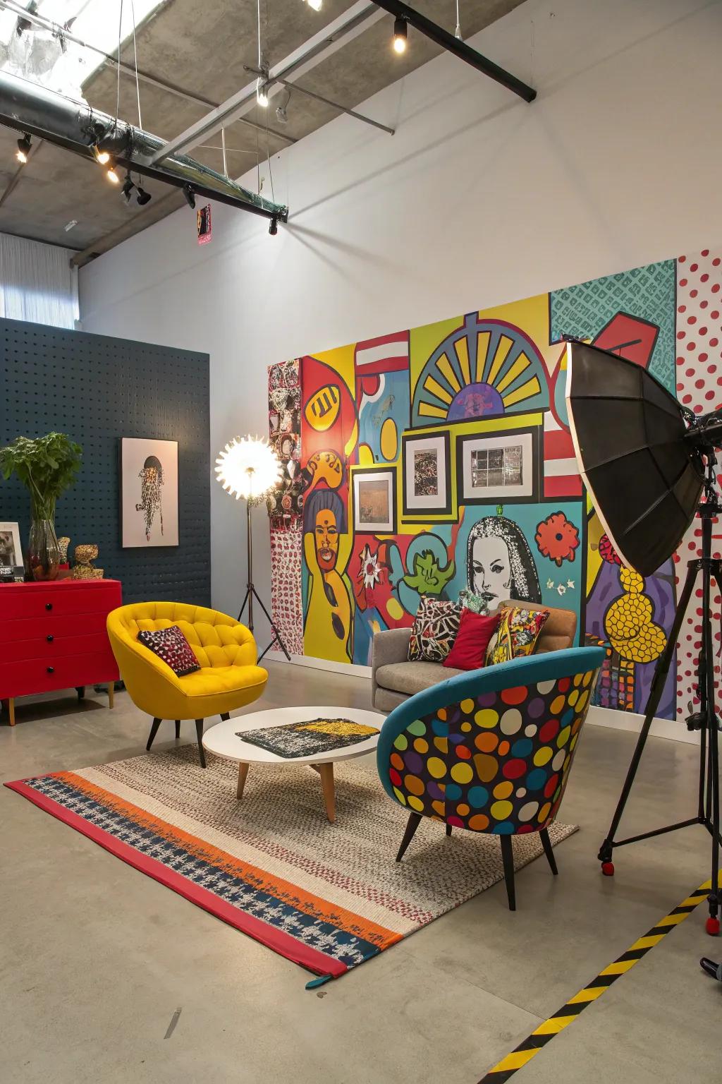 Pop art walls bring bold and playful vibes.