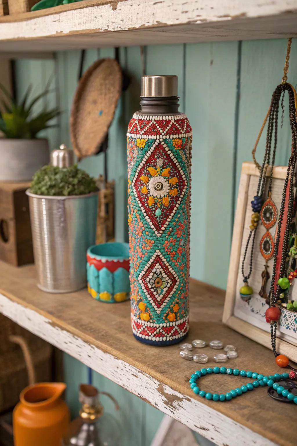 An elegant water bottle adorned with intricate beadwork.