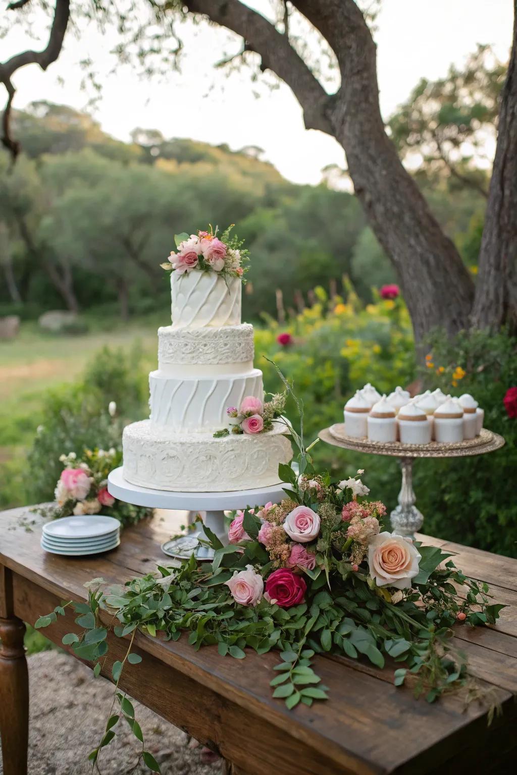 A wedding cake beautifully set against a natural backdrop.