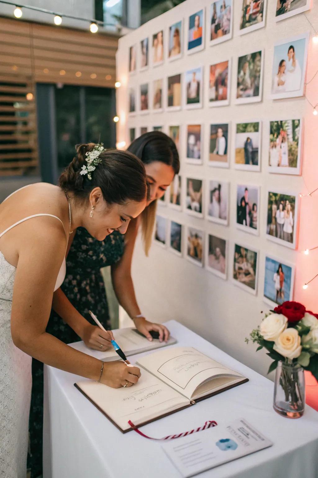 An interactive wedding guestbook featuring a creative photo wall.