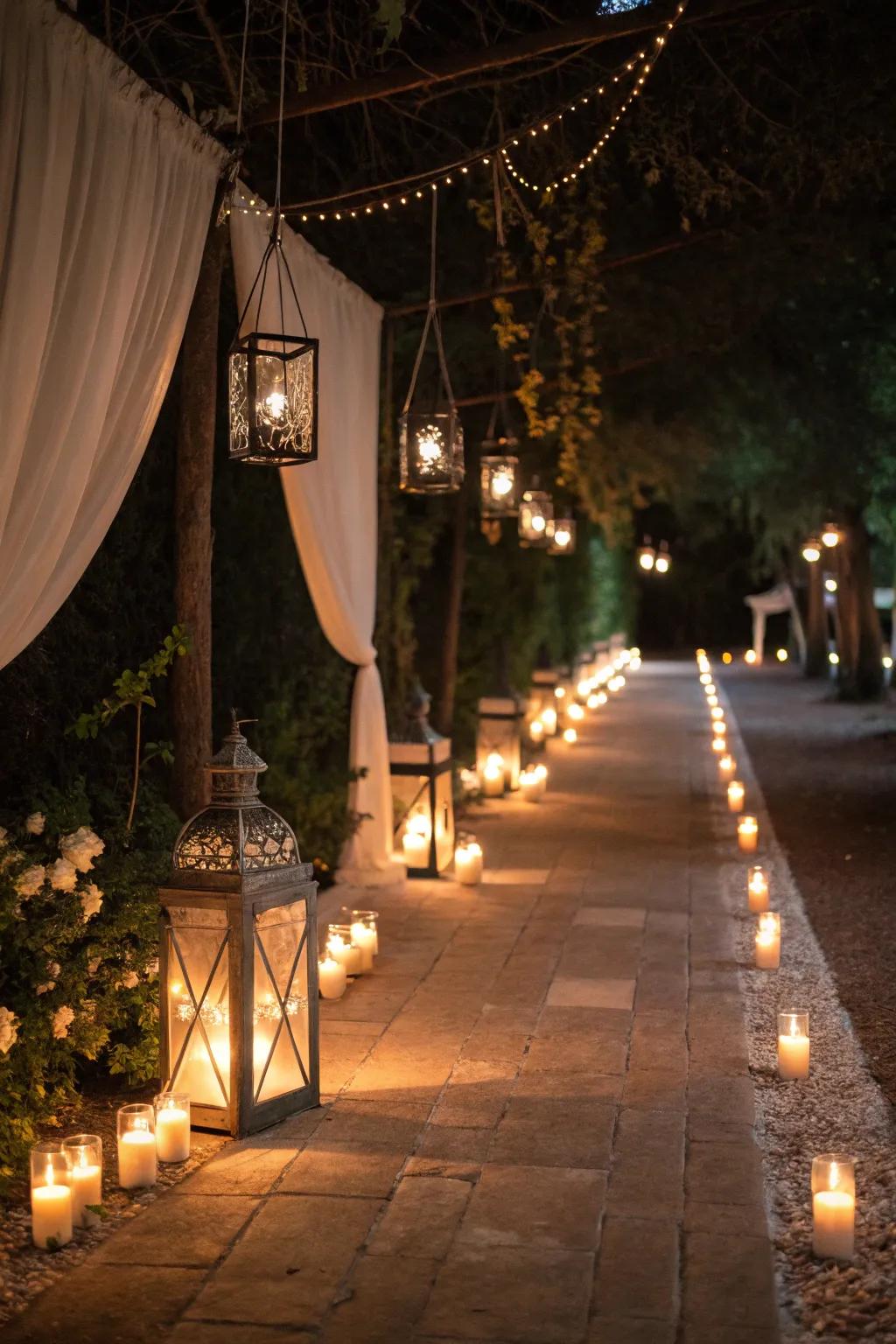 An illuminated walkway enhancing the wedding's ambiance and safety.