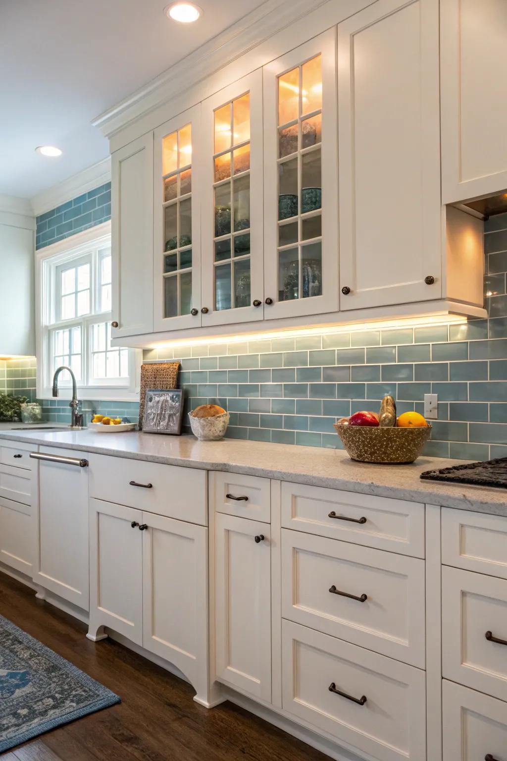 Blue subway tiles bringing serenity to a white cabinet kitchen.