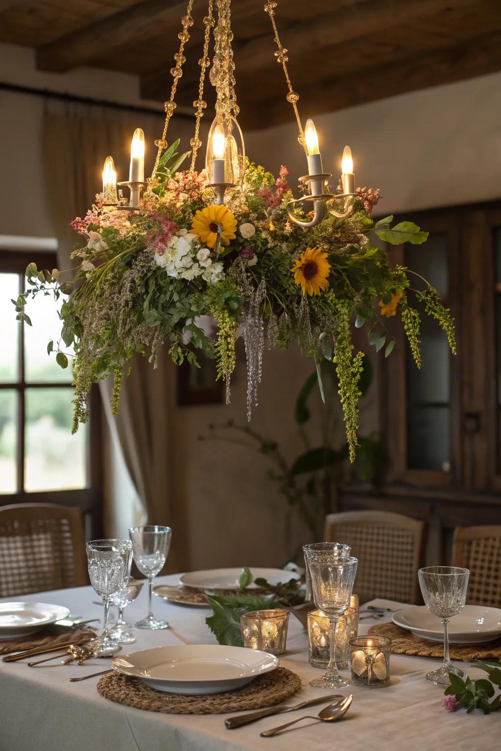 A wildflower-draped chandelier introduces a magical accent to any space.