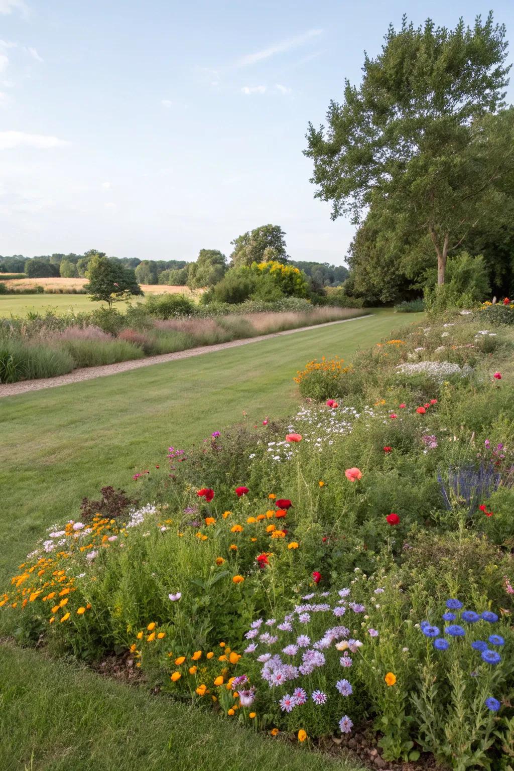 A lawn transformed with wildflower patches for a natural look.