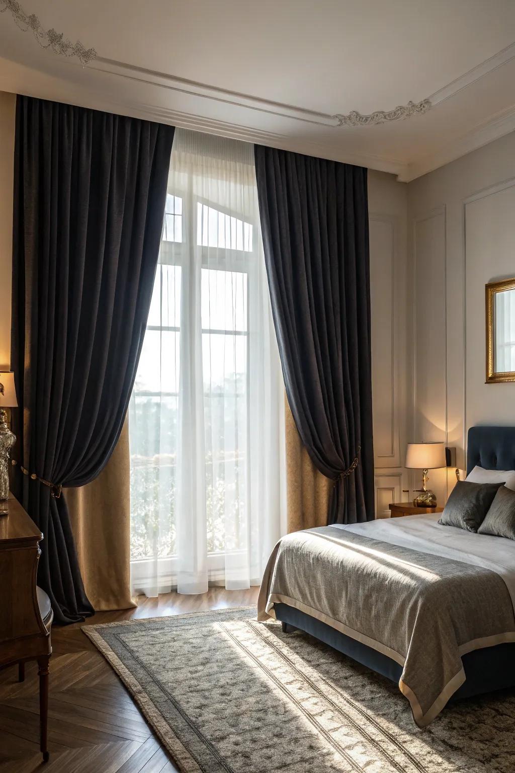 Dark curtains contribute dramatic contrast in this radiant sleeping quarters.