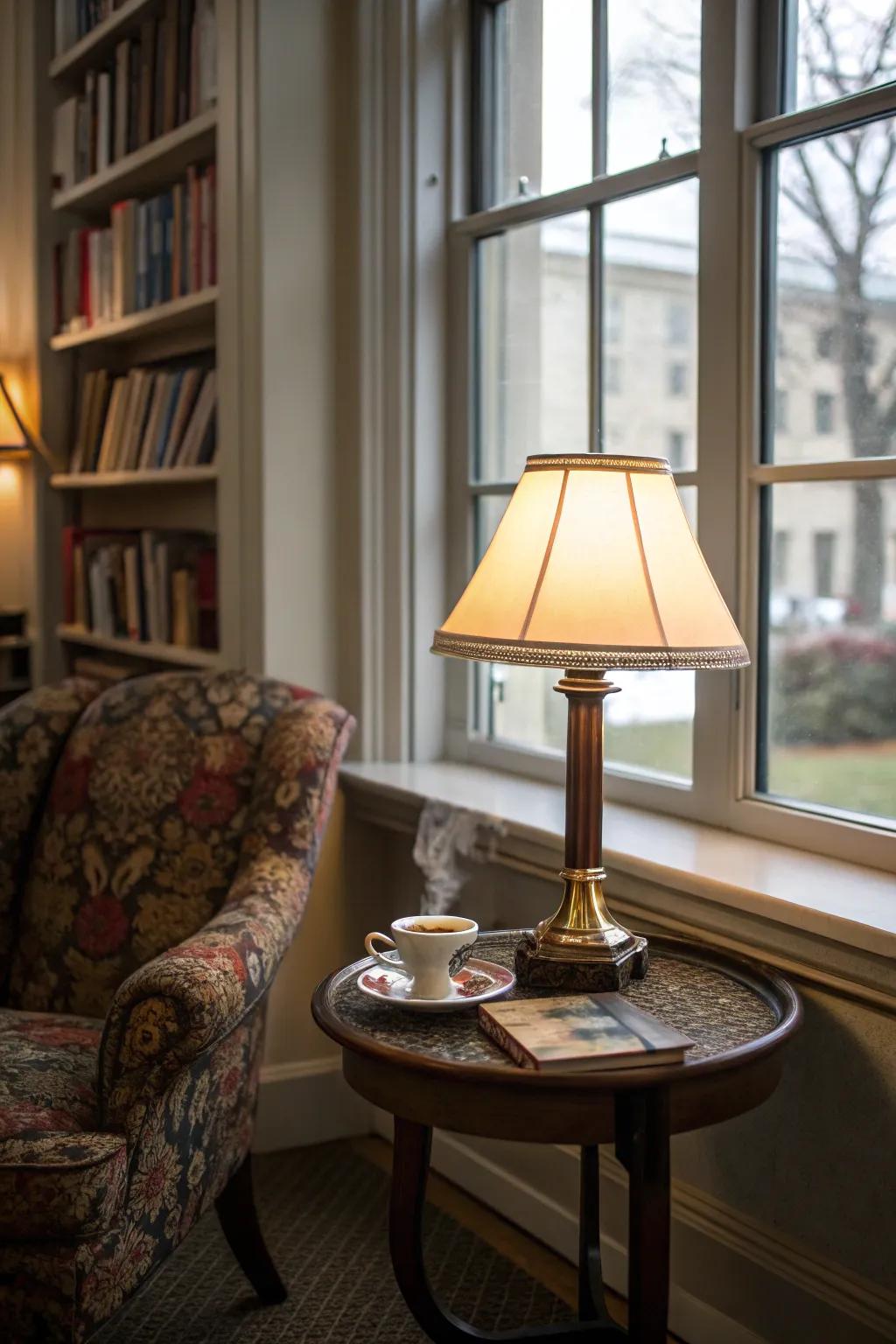 A window nook with a side table for added functionality.