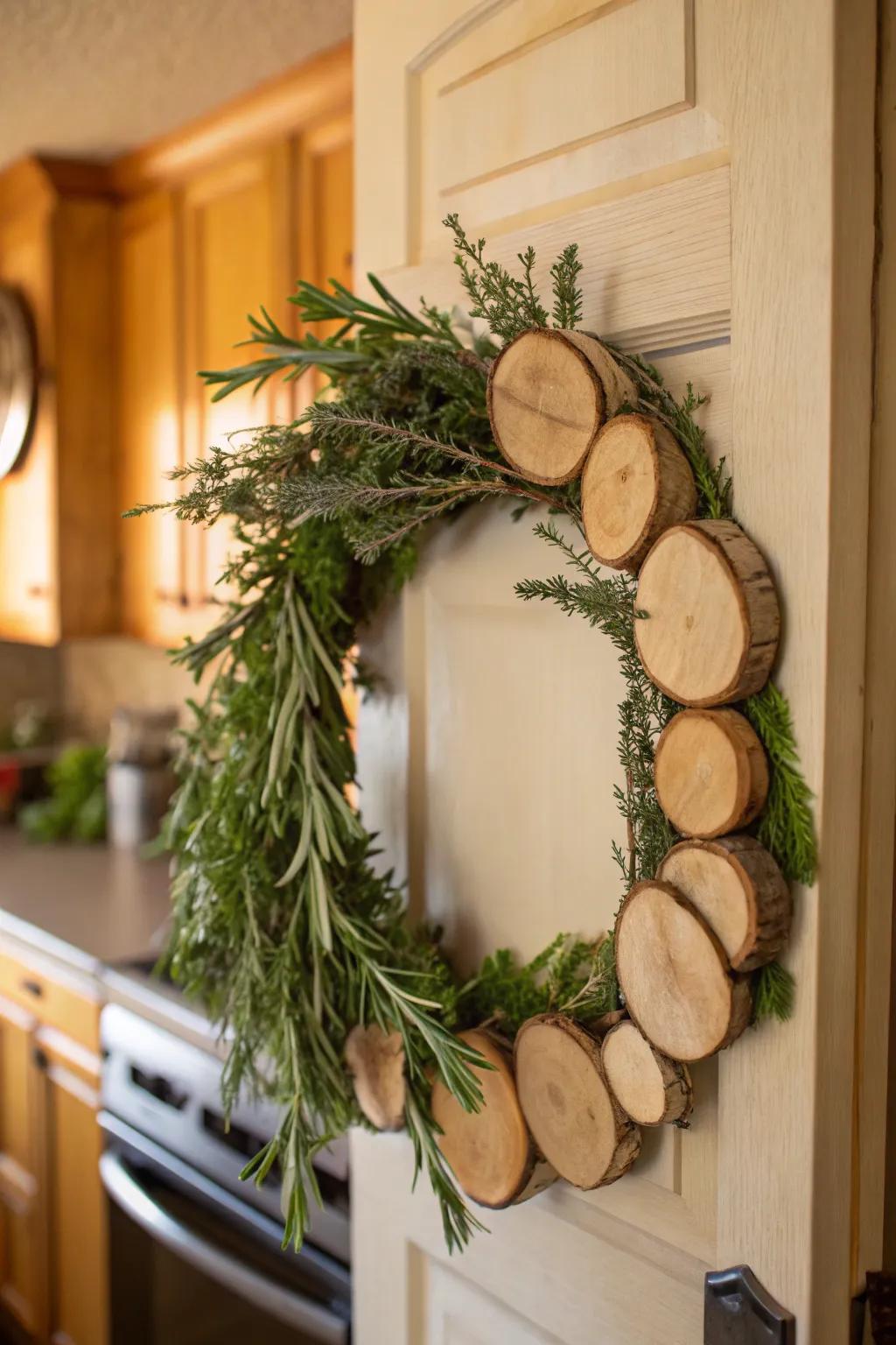 Herb-infused wood slice wreath for a fragrant entry.