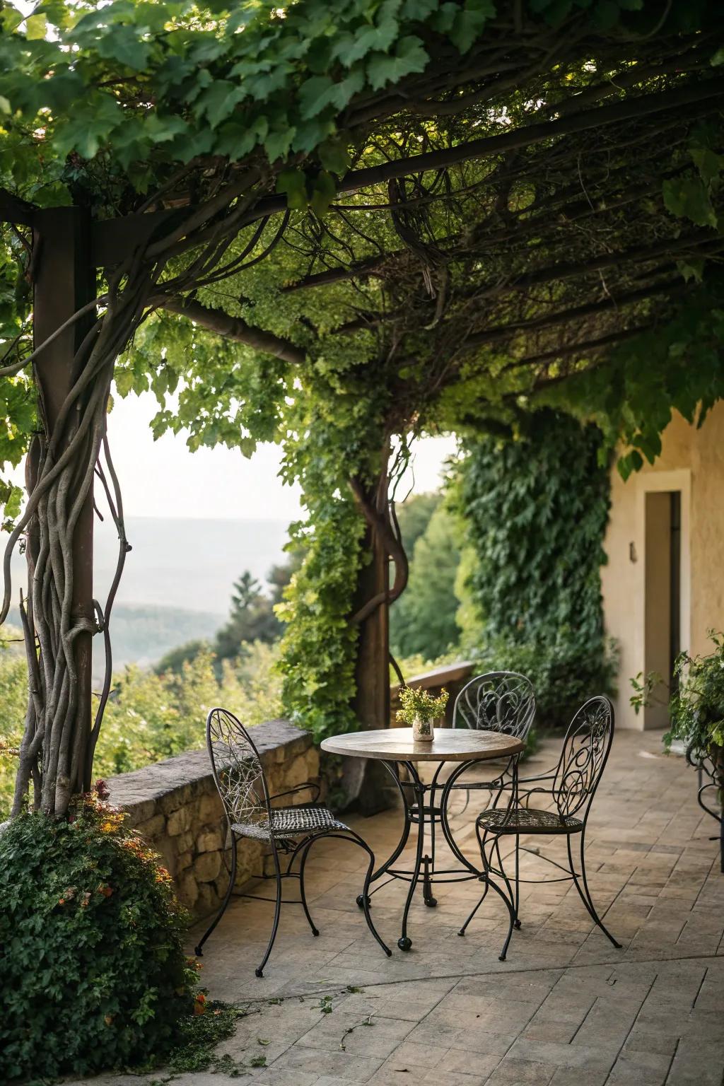Cast metal furnishings nestled in climbing vines creates a secret garden feel.
