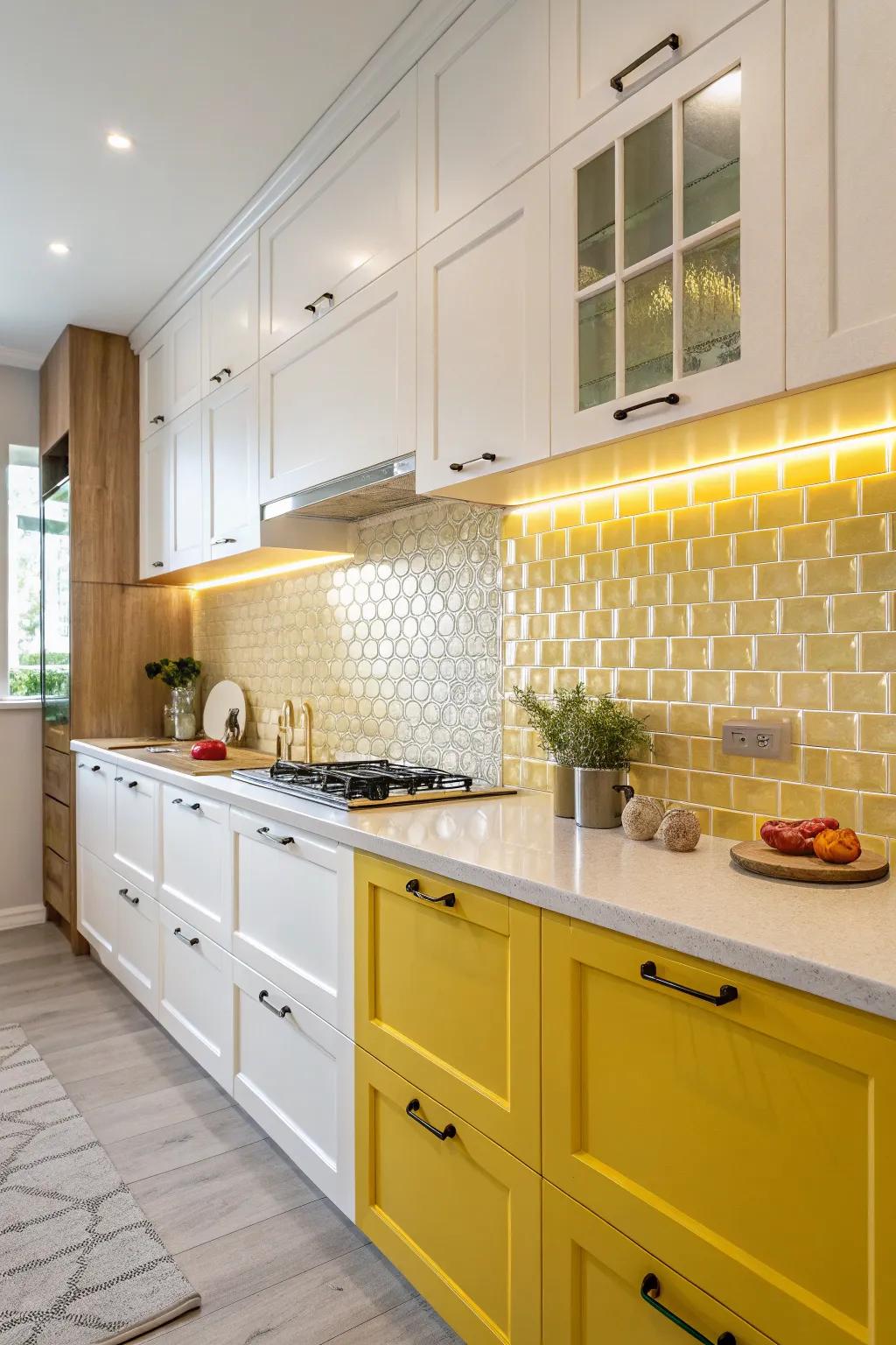 A two-tone backsplash creates a striking visual impact.