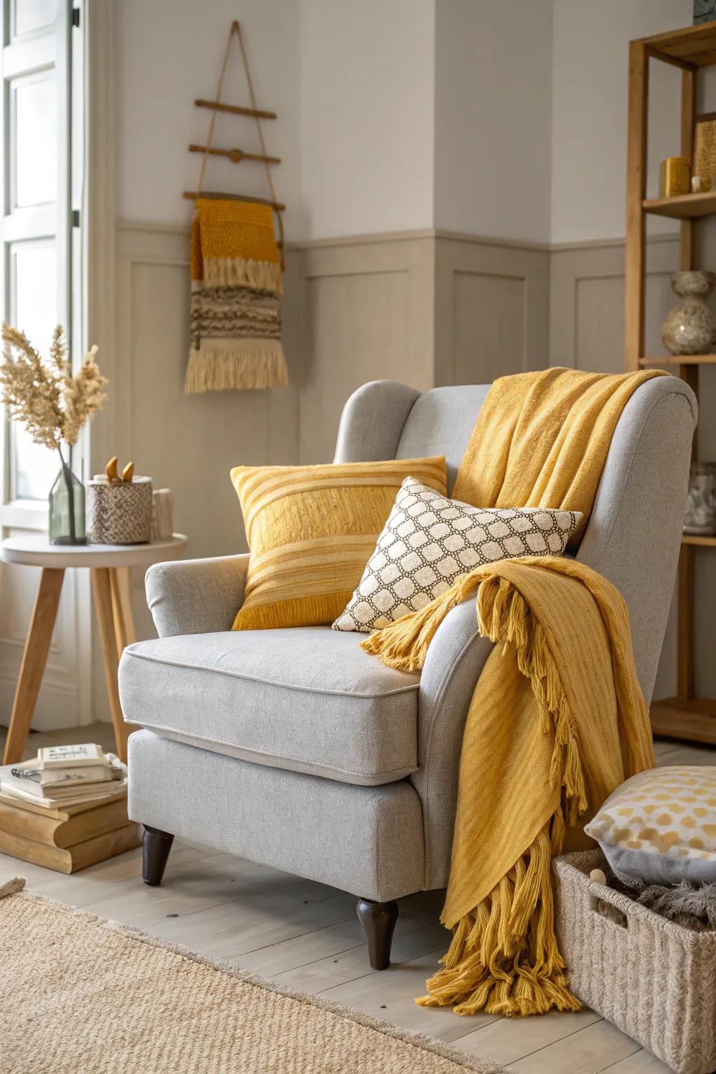 A cozy corner with layered yellow textiles.