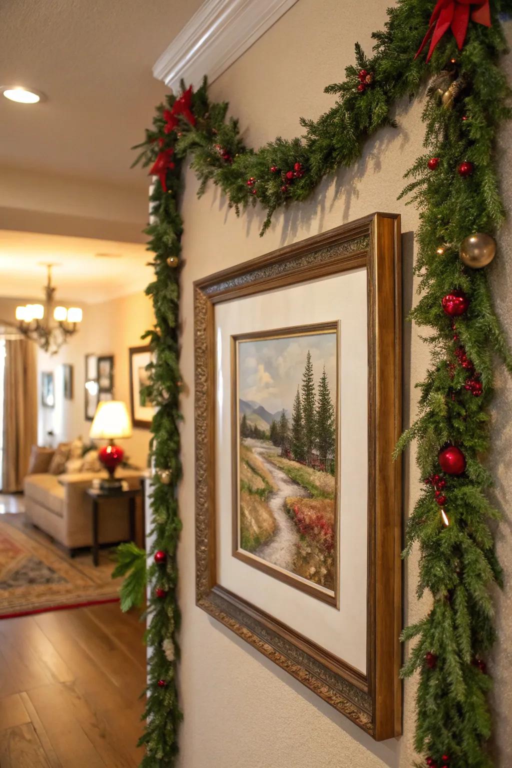 Garlands frame artwork, adding festive flair to walls.