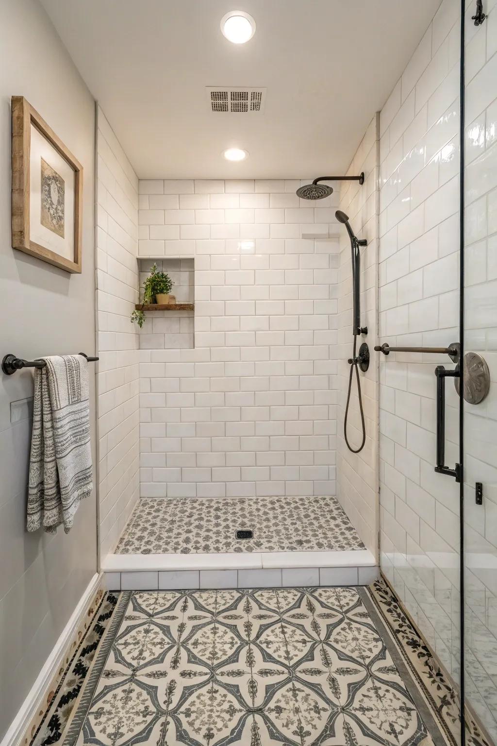 Patterned floors add flair and uniqueness to a small shower.