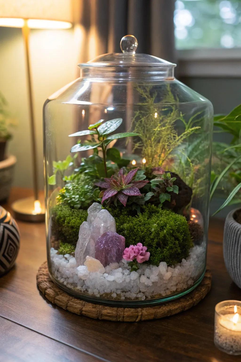 A crystal fantasy terrarium with shimmering stones.