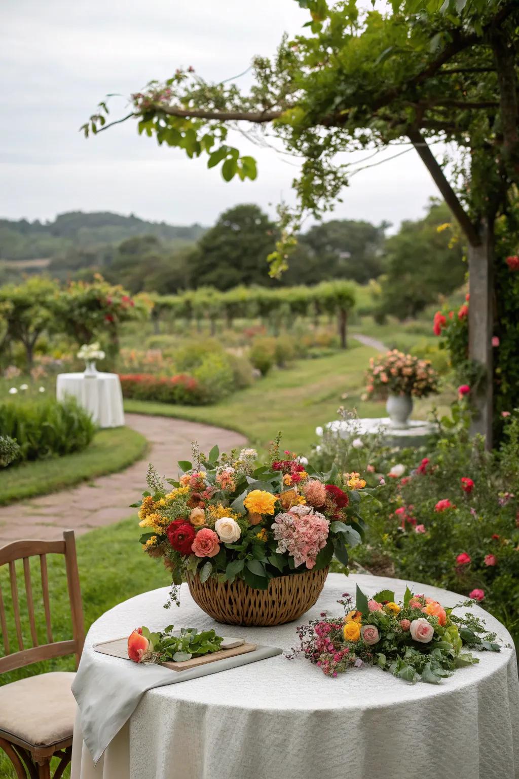 Seasonal blooms add authenticity to a garden party.