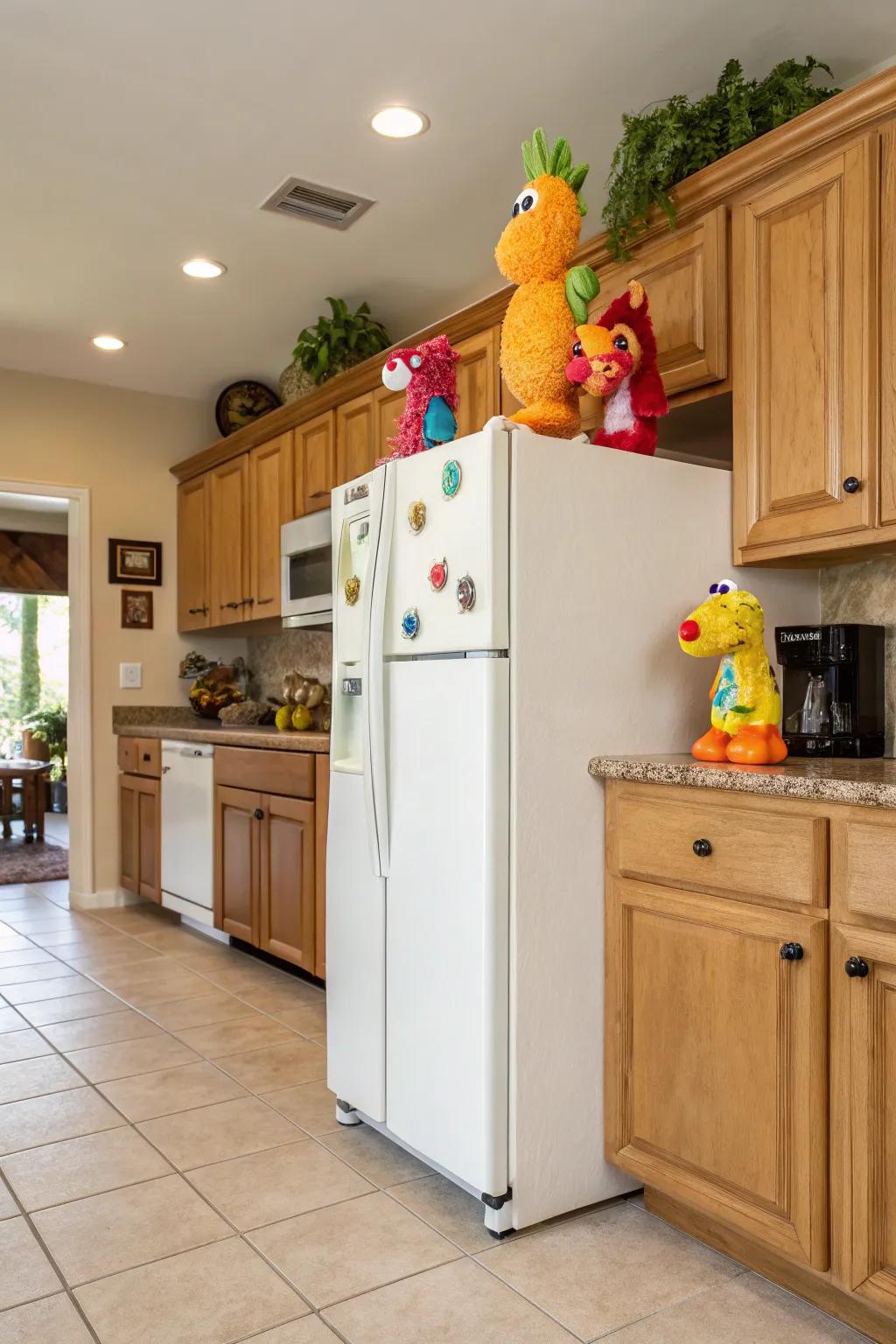 Figurines add a pop of color and whimsy above the fridge.