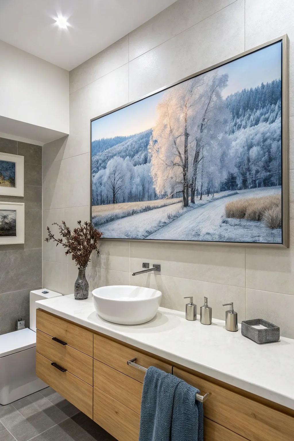 Frosted landscape painting bringing a refreshing touch to the bathroom