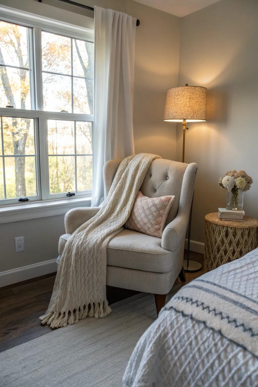 A cozy corner offers a personal retreat.