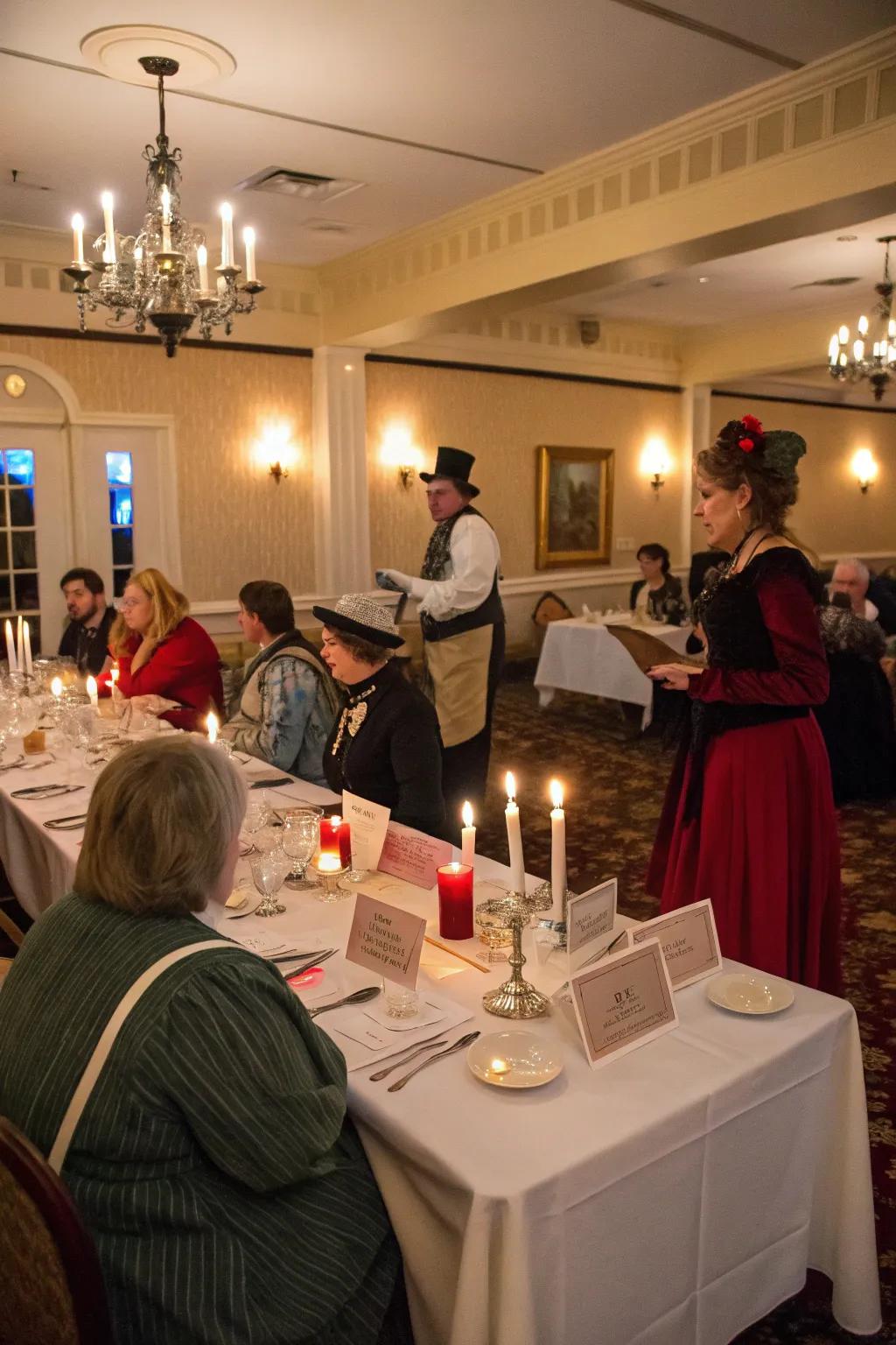 A mysterious and interactive dinner theater setup.