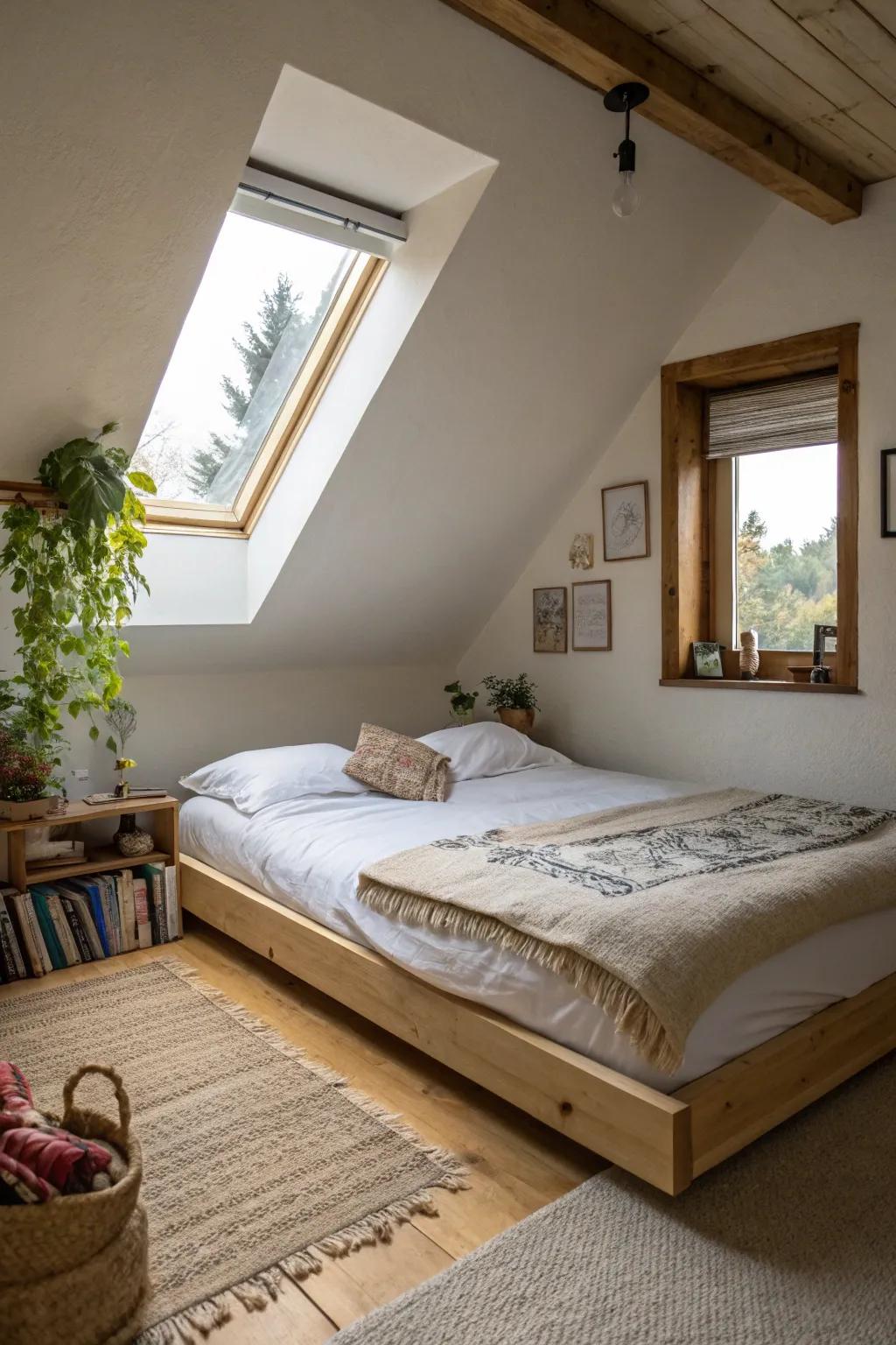 A low bed enhances the perception of area in your attic bedroom.