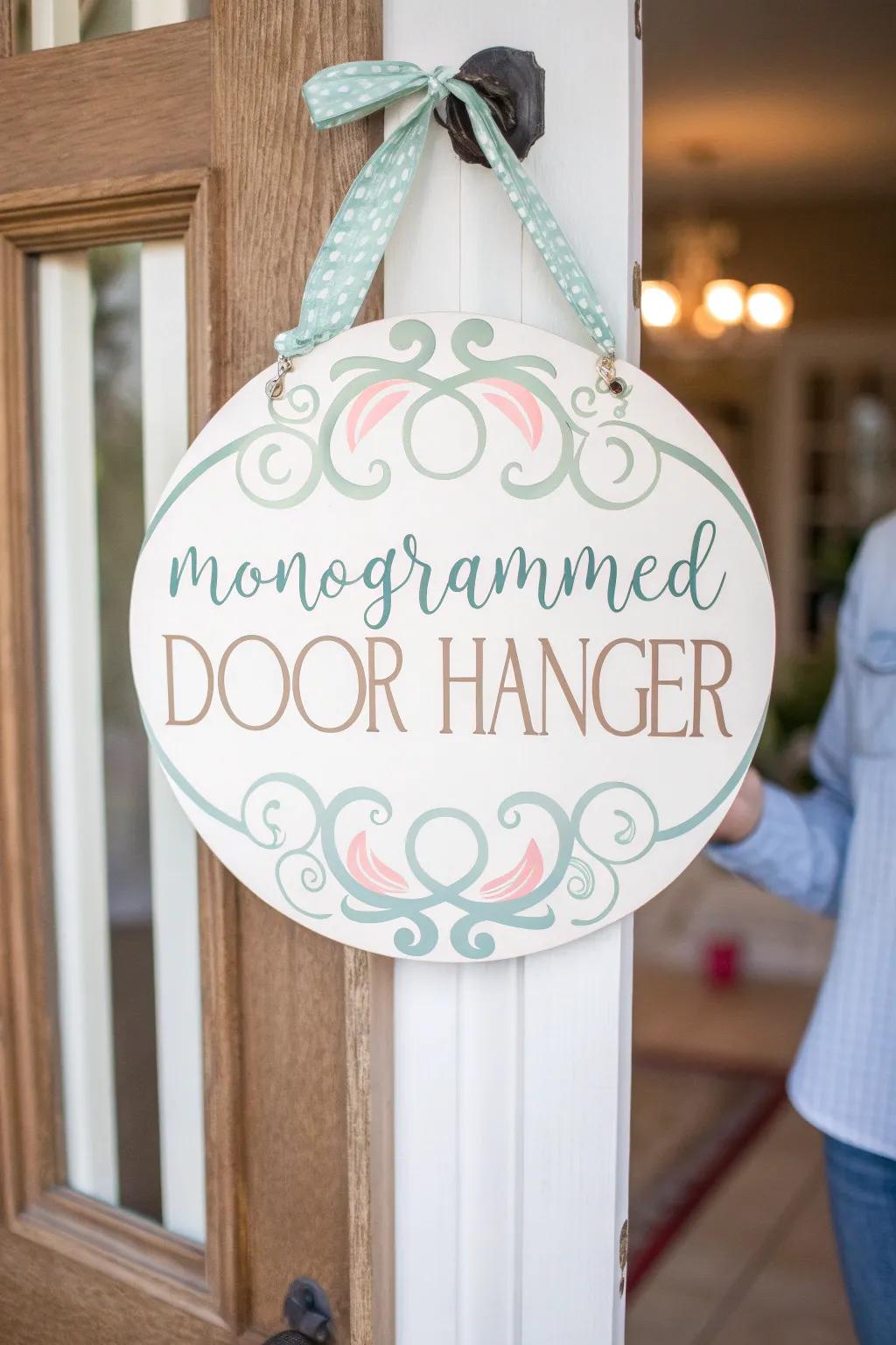 A sophisticated monogrammed door hanger with elegant details.