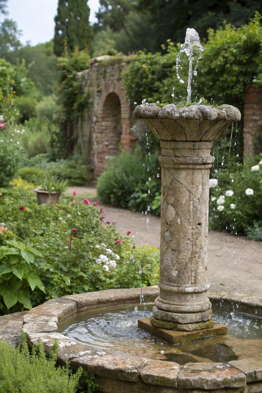 A stone column fountain offers timeless elegance in a rustic setting.