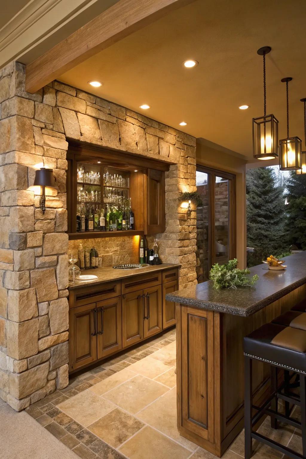 Natural stone panels bring elegance and an earthy vibe.