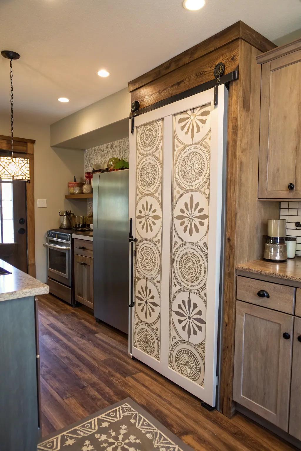 A kitchen with a sliding barn door pantry featuring stenciled patterns.