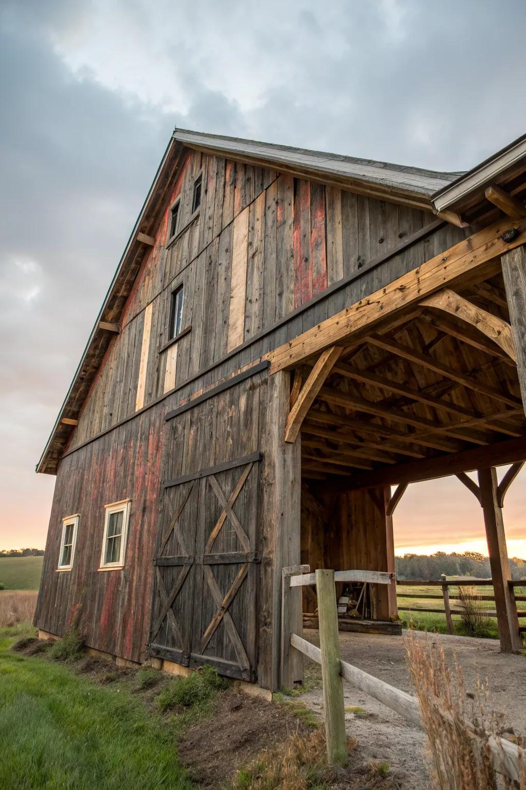 An overhang crafted from character-rich reclaimed wood.