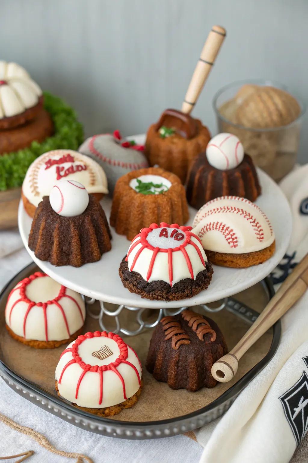 Mini baseball bundt cakes for a charming treat.
