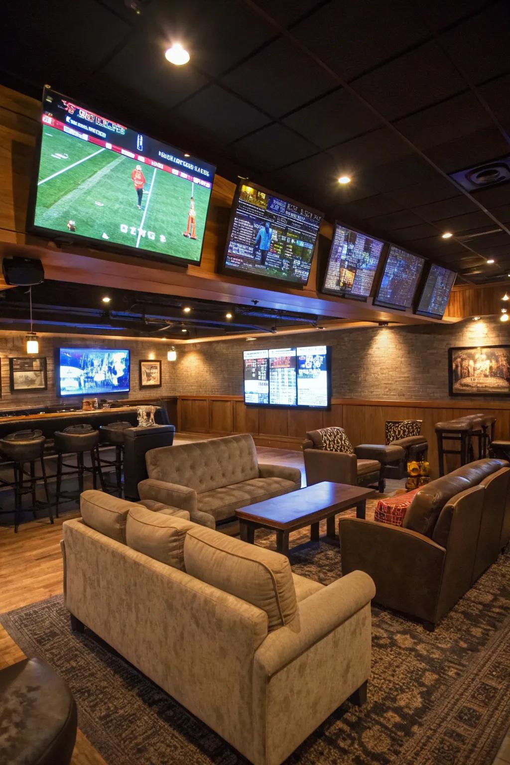 Catch every game in style with a basement sports lounge.