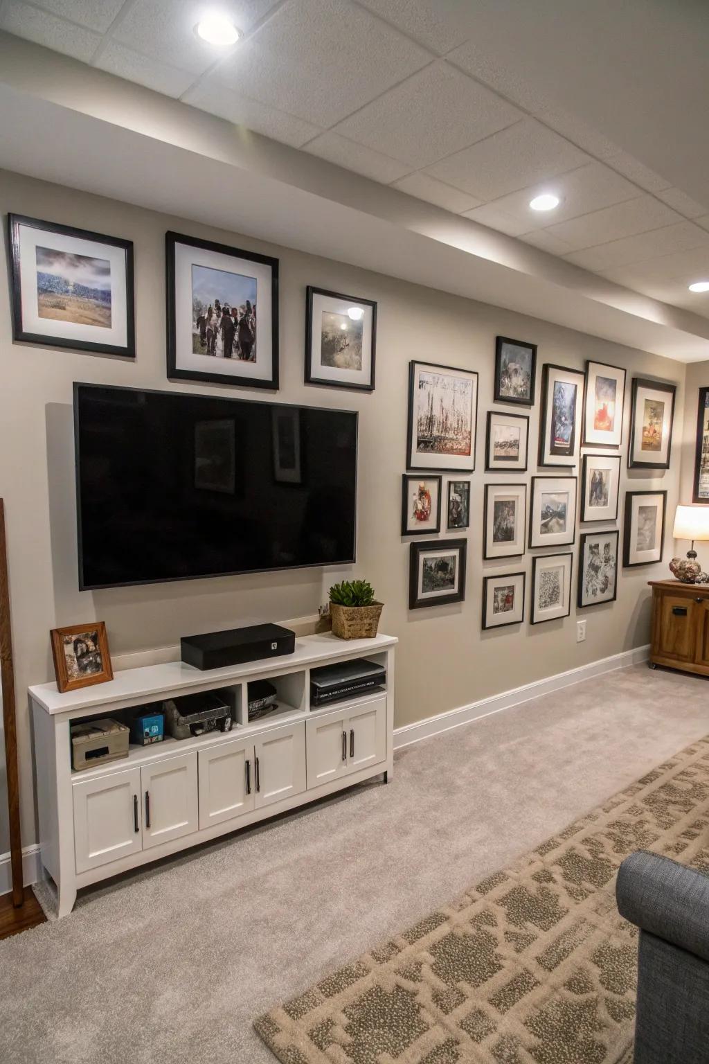 A basement TV wall adorned with a curated gallery wall of personal photos and art.