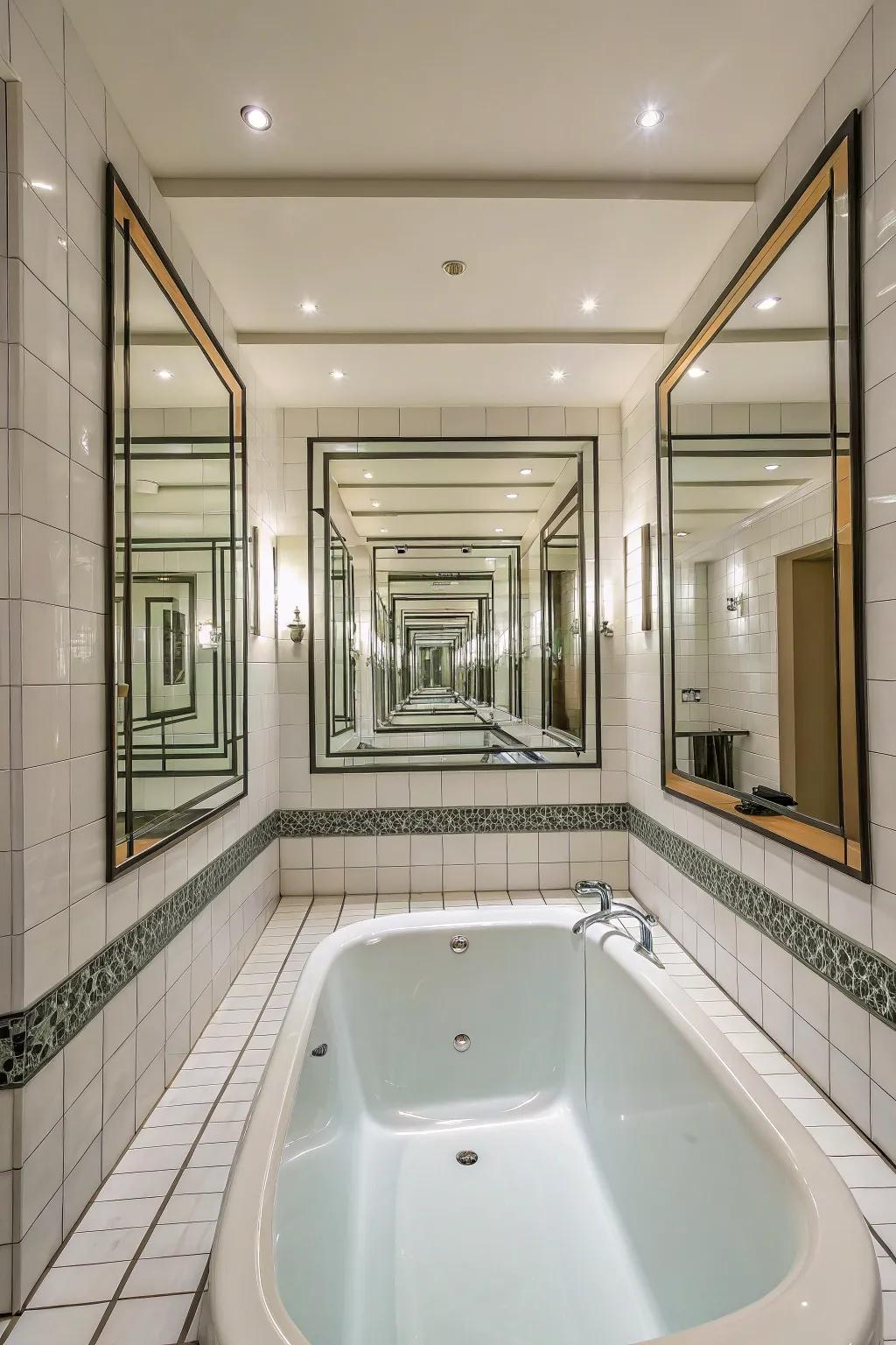 Mirrored surfaces add depth to this bathtub area.